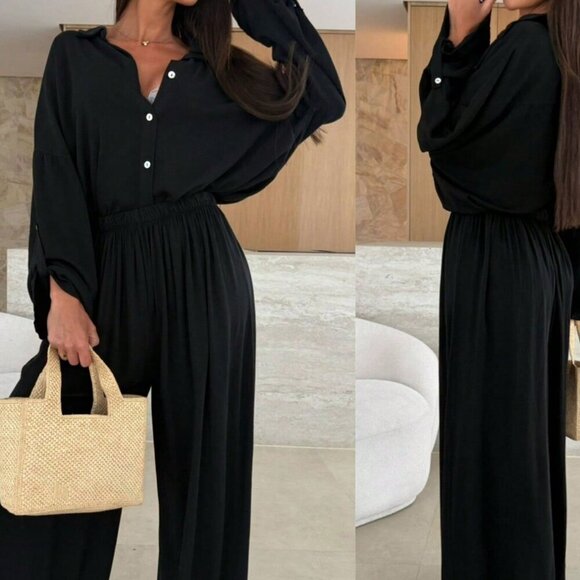 Black Casual Women's Front Button Loose Shirt & Pants Set - Picture 1 of 6
